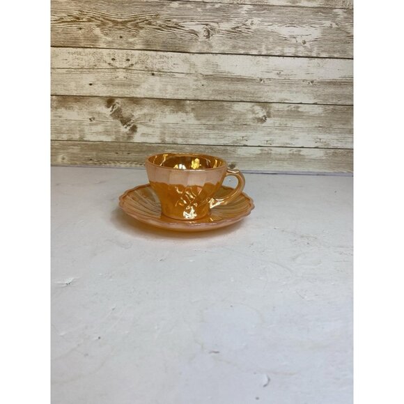 Anchor Hocking Fire King Peach Luster Glass Swirl Demitasse Cup & Saucer Set - Picture 2 of 10